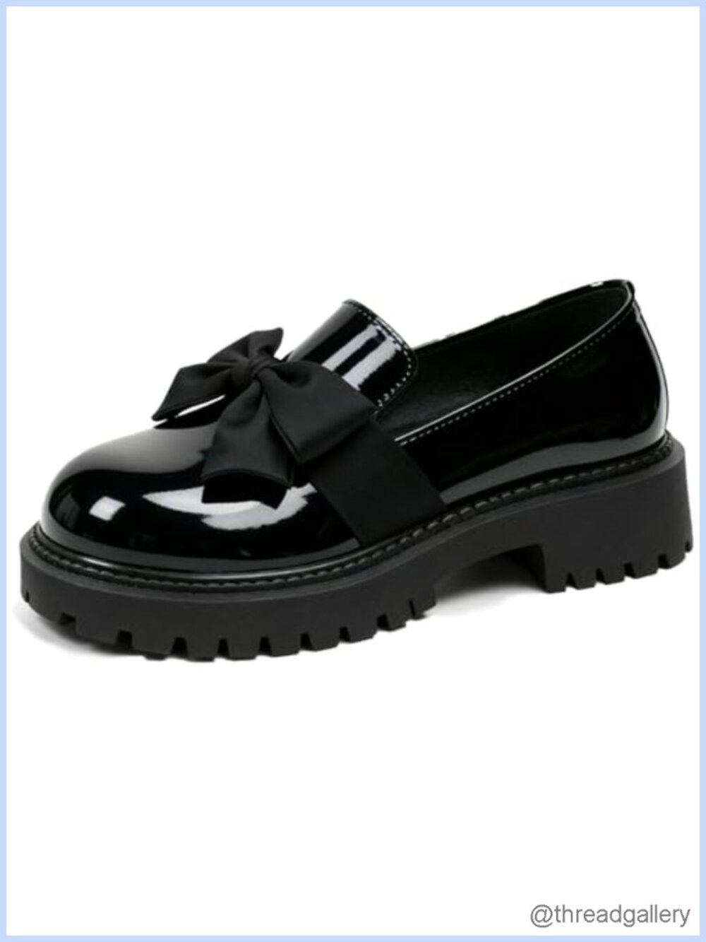 Patent Leather Chunky Heel Bow Loafers Round Toe Platform Lug Sole